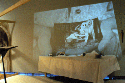 Photo of a slide of a woman milking a cow projected over art installation of a farm setting.